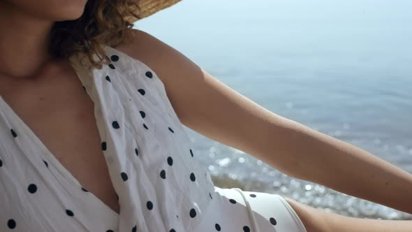 Sexy Girl Posing Beach Wearing Polka Dot Swimsuit Closeup