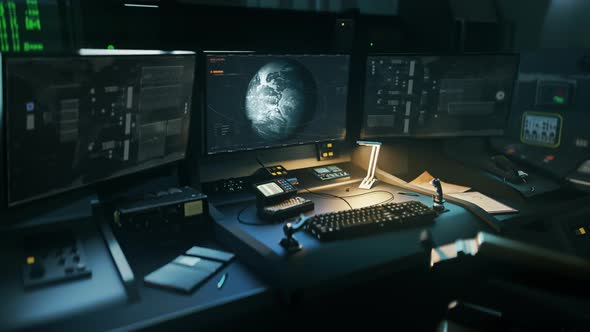 Modern Computer For Globe Surveillance In Spy Intelligence Agency Control Room alt