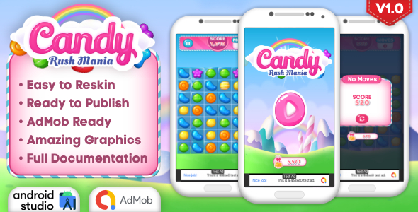 Candy Rush Mania - Match 3 Game Android Studio Project with AdMob Ads + Ready to Publish