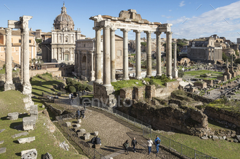 Roman Forum archaelogical site destination. Temples, churches, colosseum. Rome, Italy