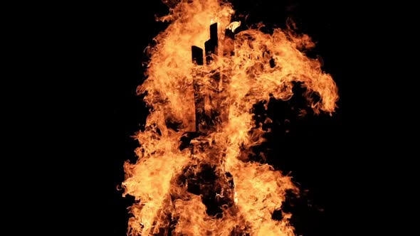 Big Bonfire Burns at Night in Slow Motion on a Black Background