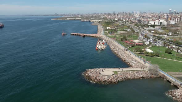 Aerial view of shipwreck and park in Maltepe, Istanbul, Turkey.