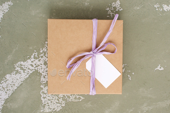Brown gift square craft box with ribbon, mockup of tag, price tag. Space for text. Color background