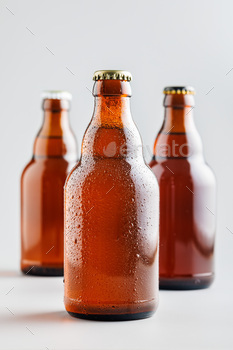 Beer bottle with drops on gray background.