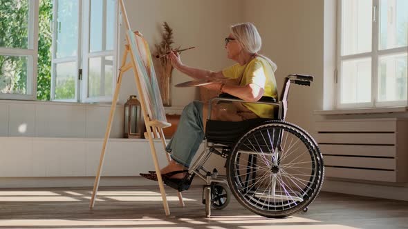 Disabled Senior Woman Paints a Picture While Sitting in a Wheelchair