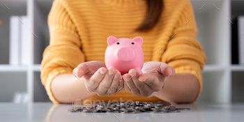 A woman is holding a piggy bank in his hands for a money or finance concept, support saving bank