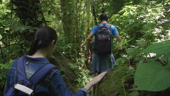 Couple Walking In The Forest Trail