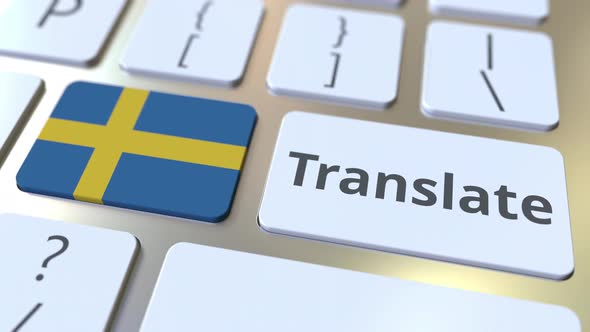 TRANSLATE Text and Flag of Sweden on Buttons of Keyboard