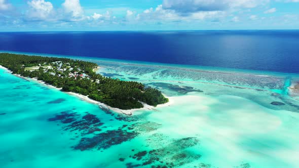 Tropical flying copy space shot of a paradise sunny white sand beach and aqua turquoise water backgr