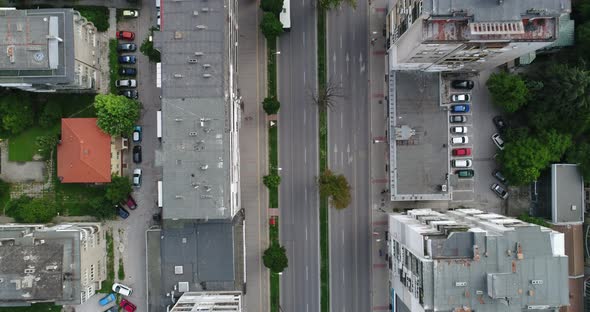 Aerial top down view of street traffic of the city center.  Urban Landscape.