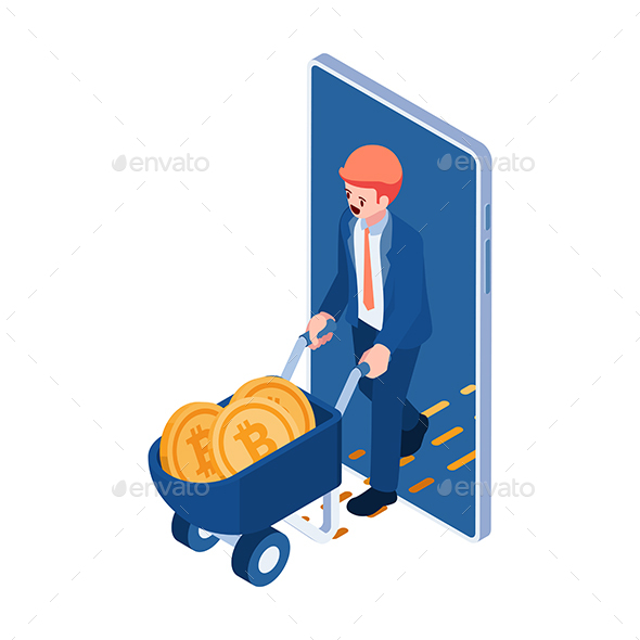 Isometric Businessman with Wheelbarrow Full of Bitcoin