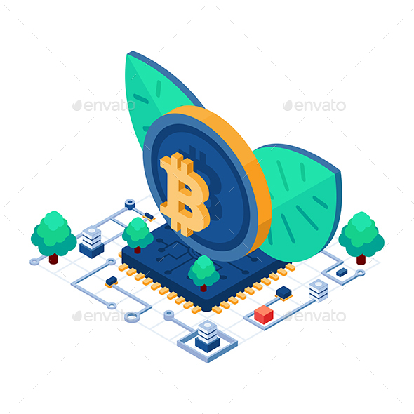 Isometric Sustainable Cryptocurrency Bitcoin Symbol and Leaf