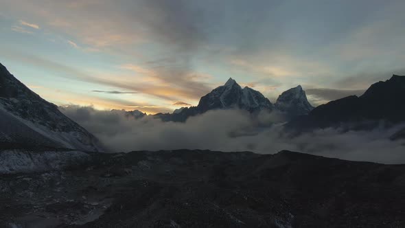 Taboche and Cholatse Mountain at Colorful Sunset, Himalaya, Nepal, Aerial View