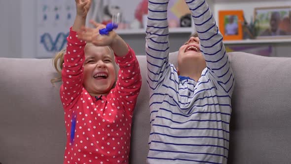 Sweets Falling on Happy Children, Kids Catching Candies With Pleasure, Fun