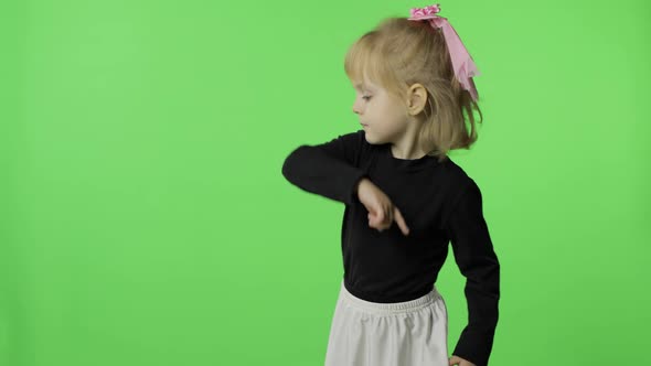 Girl in Black and White Dress Dancing. Happy Four Years Old Child. Chroma Key