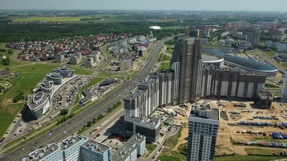 View From the Height of Pobediteley Avenue in Minsk, New Residential and Sports Buildings 