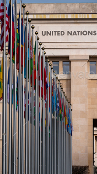 Posts and flags at the United Nations, Geneva.