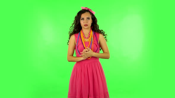 Woman in Anticipation of Worries, Then Disappointed and Upset. Green Screen