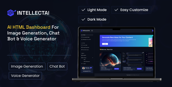 IntellectAI – AI HTML Dashboard for Image Generator, Chat Bot & Voice Generator – 0 Sold!