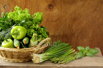 fresh organic green vegetables in basket
