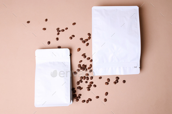 White Coffee Pouch With Coffee Beans For Advertisement Mockup