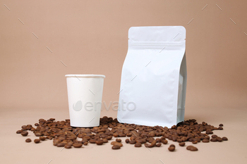 Coffee Cup And Coffee Pouch With Beans