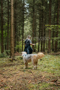 Girl in the forest with a dog