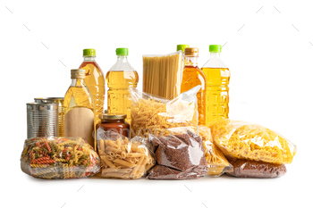 Foodstuff for donation, storage and delivery. Various food, pasta, cooking oil and canned food.
