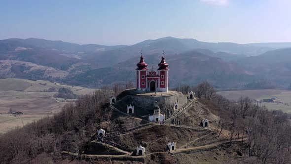 Aerial view of Calvary in Banska Stiavnica, Slovakia