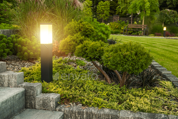 Garden With LED Lamp Post and Tree. Backyard Illumiination.