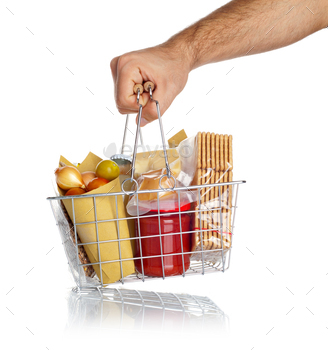 Man takes the shopping basket with food