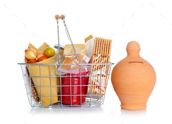 The shopping basket with food and money box