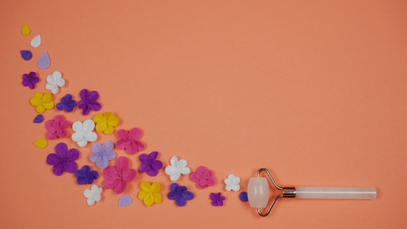 Flowers Appear After Quartz Roller Facial Massager. Blooming Beauty Concept. Stop Motion Animation