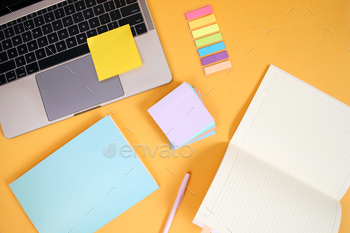 Colorful Sticky Notes, Laptop, Pen And Notebook