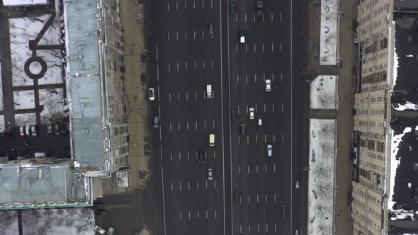 Top View Drone Shot of Busy Road in Moscow City at Winter Day.