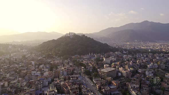 Flying over Kathmandu towards Swayambhunath Stupa