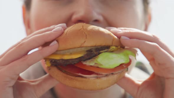 Smiling Caucasian Woman Eating Burger Enjoying Delicious Juicy Hamburger RED 8K
