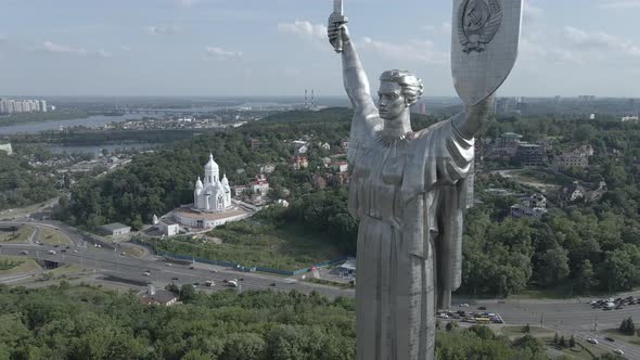 Kyiv, Ukraine: Aerial View of the Motherland Monument. Flat, Gray