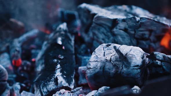 Dry wood logs burning in slow motion. Smoldering and burning firewood with ash.