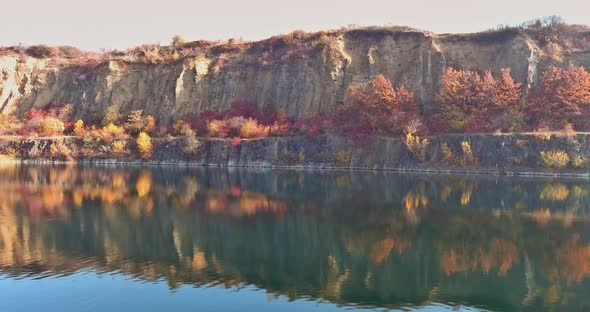 Panoramic Top View Quarry Artificial Lakes in Autumn Season