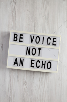'Be voice not an echo' on a lightbox on a white wooden background, top view.