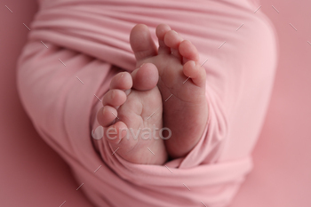 Close-up of tiny, cute, bare toes, heels and feet of a newborn girl, boy.