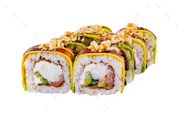 Delicious spicy tuna sushi roll isolated on white