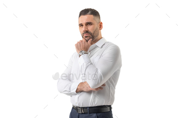 Confident Businessman in White Shirt Posing Against Plain Background