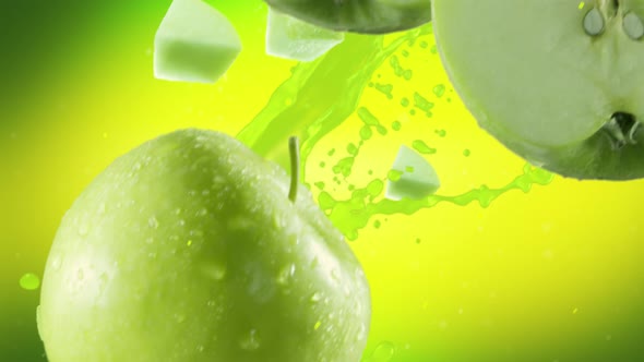 Green Apple with Slices Falling on Lime Green Background