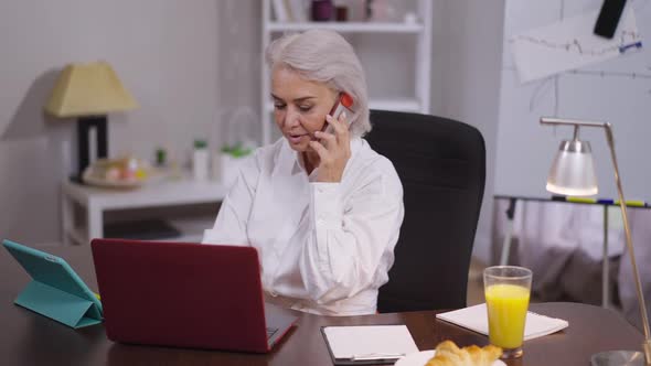 Portrait of Busy Caucasian Middle Aged Businesswoman Talking on Phone Surfing Internet Messaging on