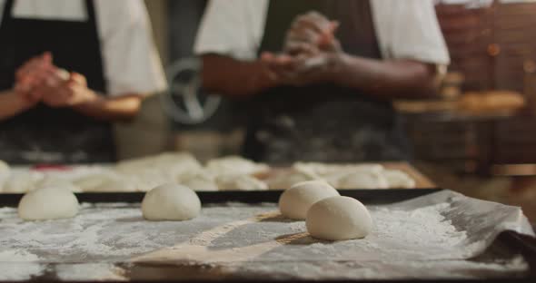 Animation of diverse female and male bakers preparing rolls