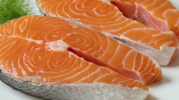  Fresh raw Scottish salmon steaks close up