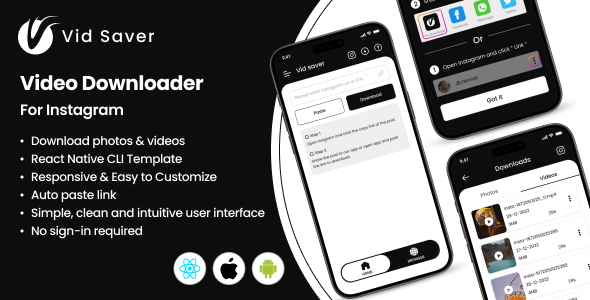 VidSaver - Instagram video downloader app | React Native CLI template | Android / iOS app