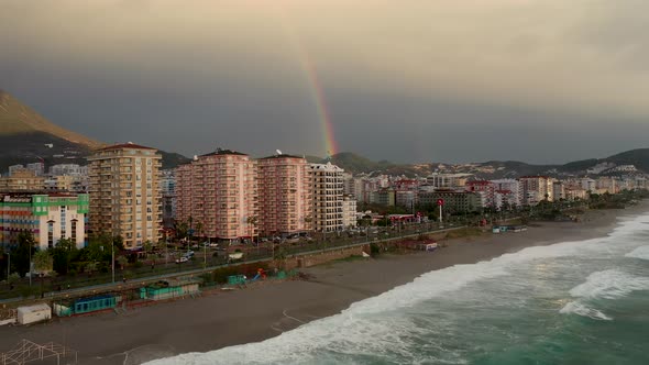 Rainbow at Sea and City Aerial View 4 K